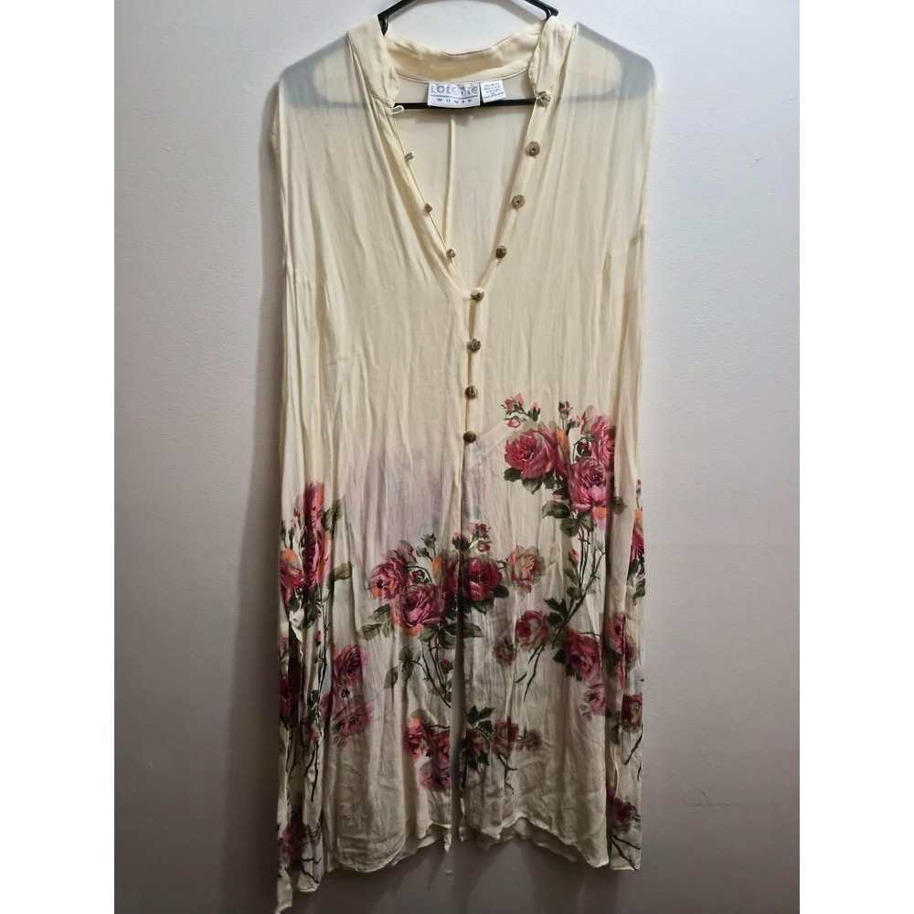 Lolette Woman Vintage Kimono Button Down Floral Rose Slit Tunic Top Cream 1X